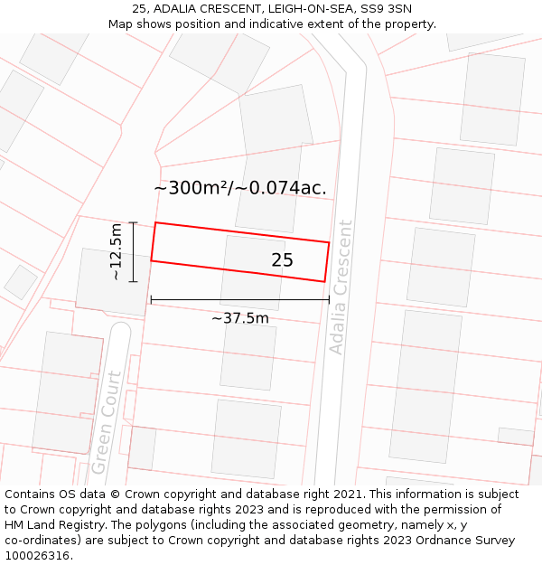 25, ADALIA CRESCENT, LEIGH-ON-SEA, SS9 3SN: Plot and title map