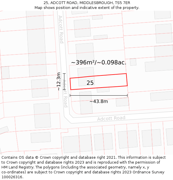 25, ADCOTT ROAD, MIDDLESBROUGH, TS5 7ER: Plot and title map