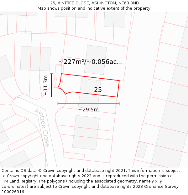 25, AINTREE CLOSE, ASHINGTON, NE63 8NB: Plot and title map