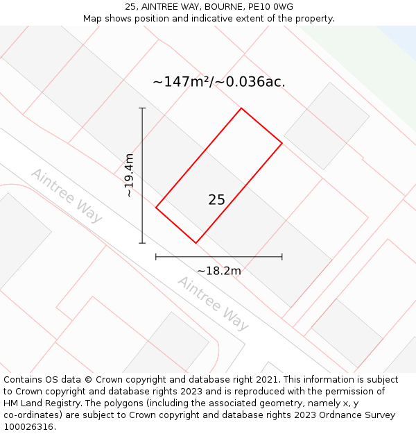25, AINTREE WAY, BOURNE, PE10 0WG: Plot and title map