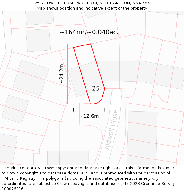 25, ALDWELL CLOSE, WOOTTON, NORTHAMPTON, NN4 6AX: Plot and title map