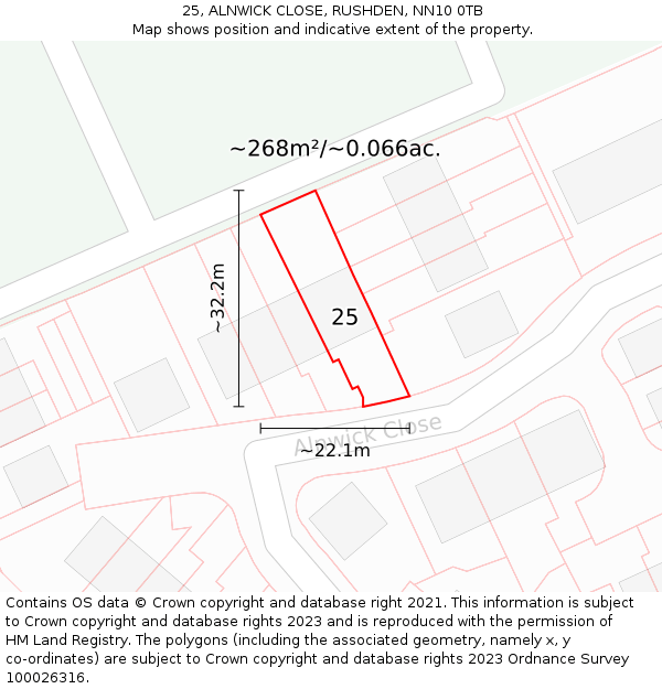 25, ALNWICK CLOSE, RUSHDEN, NN10 0TB: Plot and title map
