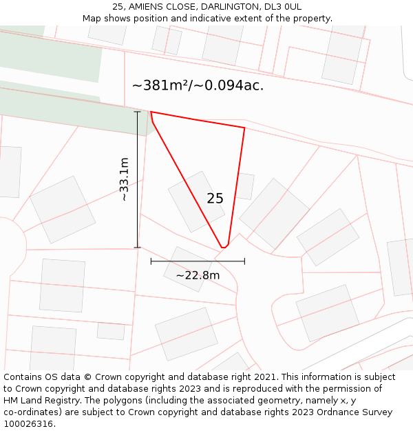 25, AMIENS CLOSE, DARLINGTON, DL3 0UL: Plot and title map