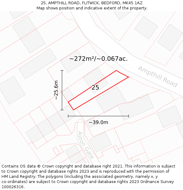 25, AMPTHILL ROAD, FLITWICK, BEDFORD, MK45 1AZ: Plot and title map