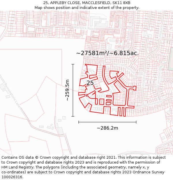 25, APPLEBY CLOSE, MACCLESFIELD, SK11 8XB: Plot and title map