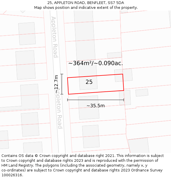 25, APPLETON ROAD, BENFLEET, SS7 5DA: Plot and title map