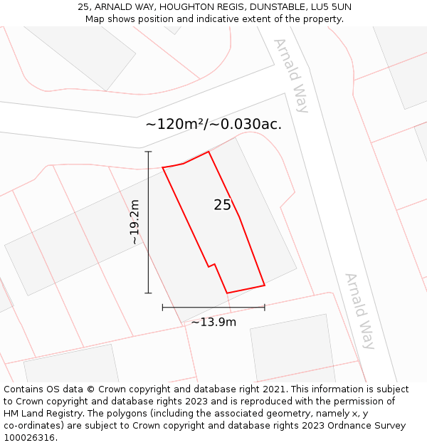 25, ARNALD WAY, HOUGHTON REGIS, DUNSTABLE, LU5 5UN: Plot and title map