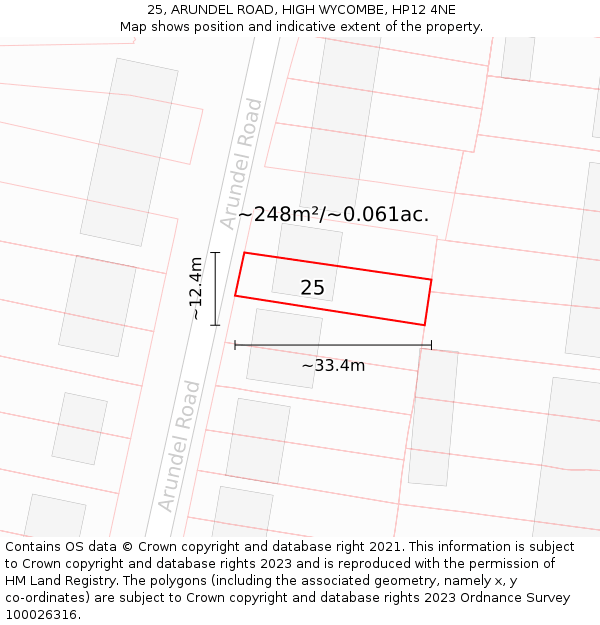25, ARUNDEL ROAD, HIGH WYCOMBE, HP12 4NE: Plot and title map
