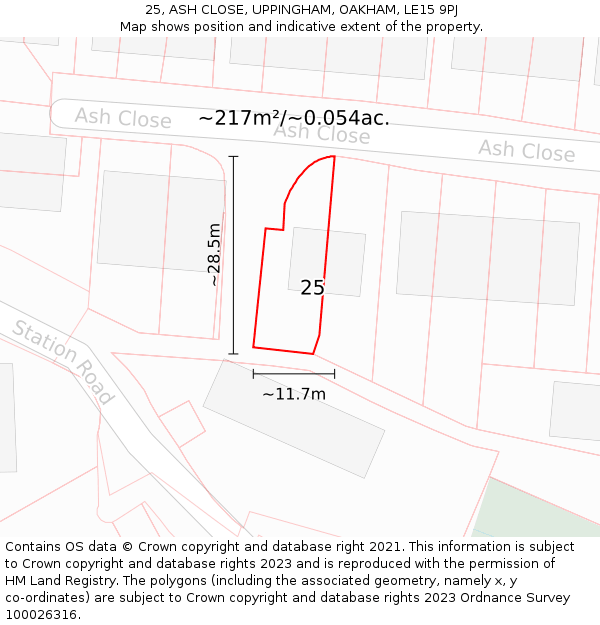 25, ASH CLOSE, UPPINGHAM, OAKHAM, LE15 9PJ: Plot and title map