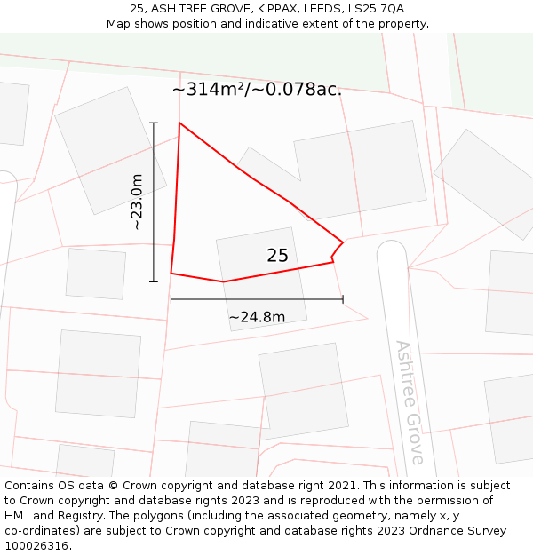 25, ASH TREE GROVE, KIPPAX, LEEDS, LS25 7QA: Plot and title map