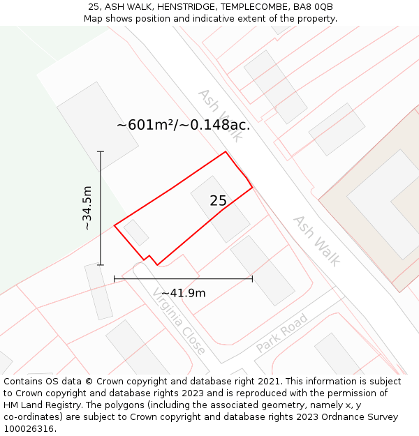 25, ASH WALK, HENSTRIDGE, TEMPLECOMBE, BA8 0QB: Plot and title map