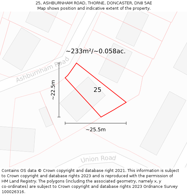 25, ASHBURNHAM ROAD, THORNE, DONCASTER, DN8 5AE: Plot and title map