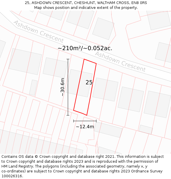 25, ASHDOWN CRESCENT, CHESHUNT, WALTHAM CROSS, EN8 0RS: Plot and title map