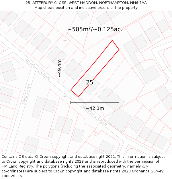 25, ATTERBURY CLOSE, WEST HADDON, NORTHAMPTON, NN6 7AA: Plot and title map
