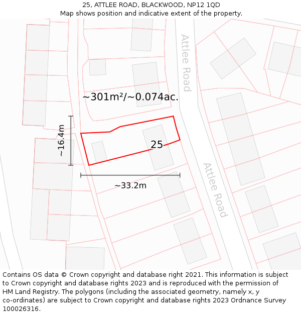 25, ATTLEE ROAD, BLACKWOOD, NP12 1QD: Plot and title map