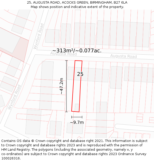 25, AUGUSTA ROAD, ACOCKS GREEN, BIRMINGHAM, B27 6LA: Plot and title map