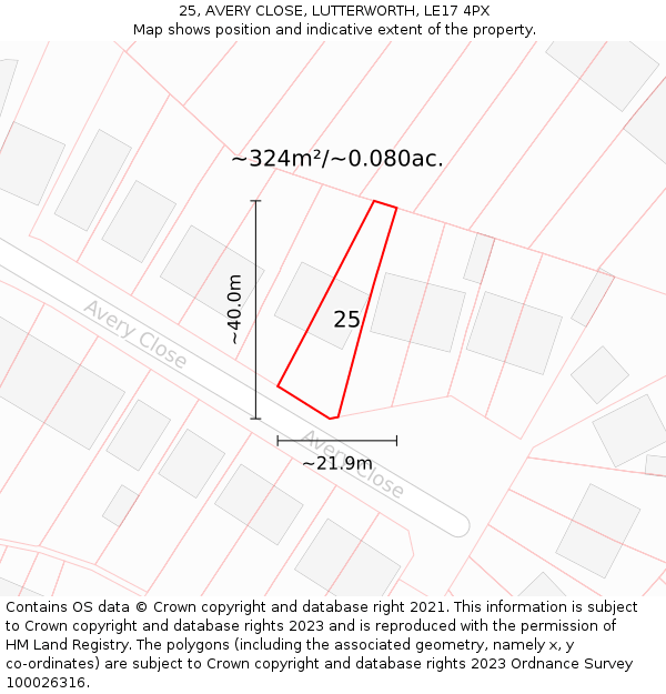 25, AVERY CLOSE, LUTTERWORTH, LE17 4PX: Plot and title map