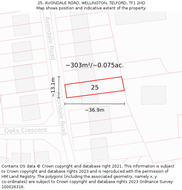 25, AVONDALE ROAD, WELLINGTON, TELFORD, TF1 2HD: Plot and title map
