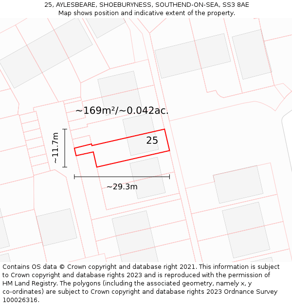 25, AYLESBEARE, SHOEBURYNESS, SOUTHEND-ON-SEA, SS3 8AE: Plot and title map
