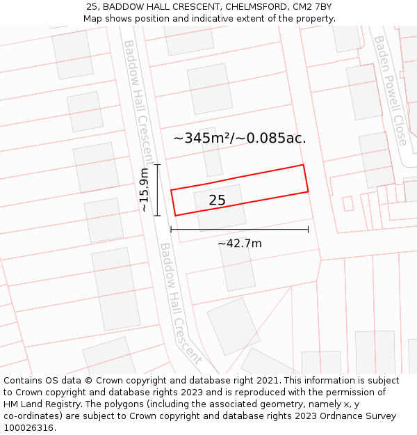 25, BADDOW HALL CRESCENT, CHELMSFORD, CM2 7BY: Plot and title map