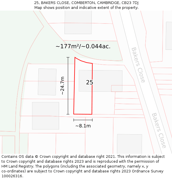 25, BAKERS CLOSE, COMBERTON, CAMBRIDGE, CB23 7DJ: Plot and title map