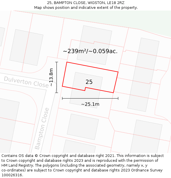 25, BAMPTON CLOSE, WIGSTON, LE18 2RZ: Plot and title map