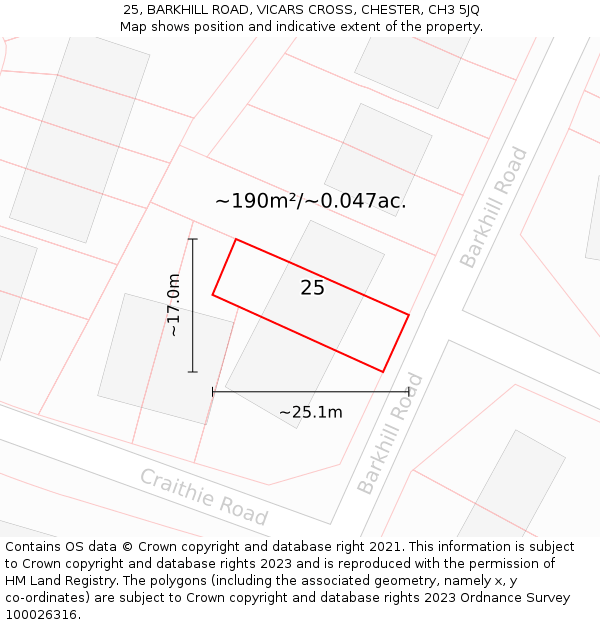 25, BARKHILL ROAD, VICARS CROSS, CHESTER, CH3 5JQ: Plot and title map