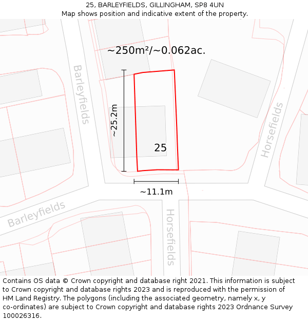 25, BARLEYFIELDS, GILLINGHAM, SP8 4UN: Plot and title map