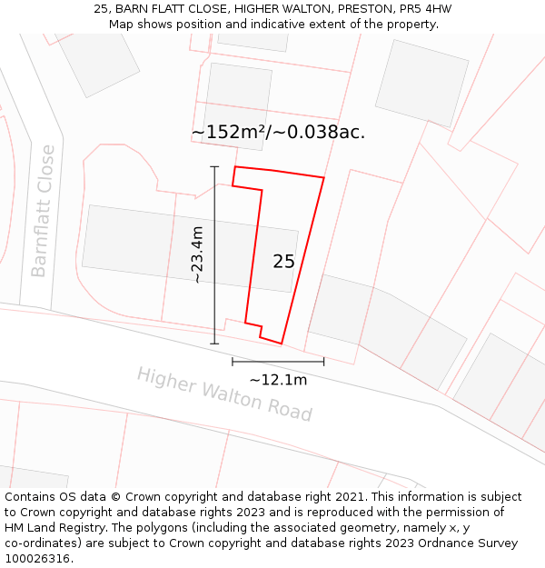 25, BARN FLATT CLOSE, HIGHER WALTON, PRESTON, PR5 4HW: Plot and title map