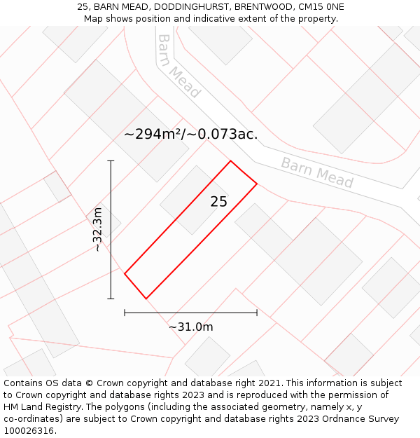 25, BARN MEAD, DODDINGHURST, BRENTWOOD, CM15 0NE: Plot and title map