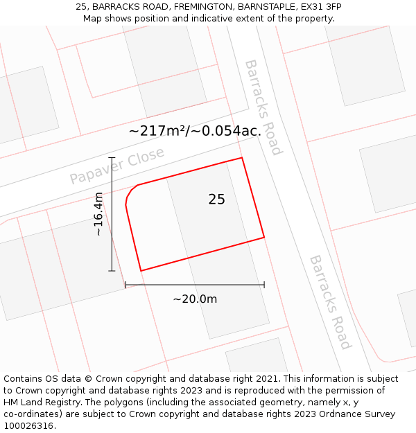 25, BARRACKS ROAD, FREMINGTON, BARNSTAPLE, EX31 3FP: Plot and title map