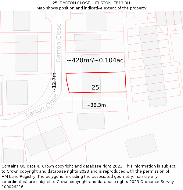 25, BARTON CLOSE, HELSTON, TR13 8LL: Plot and title map