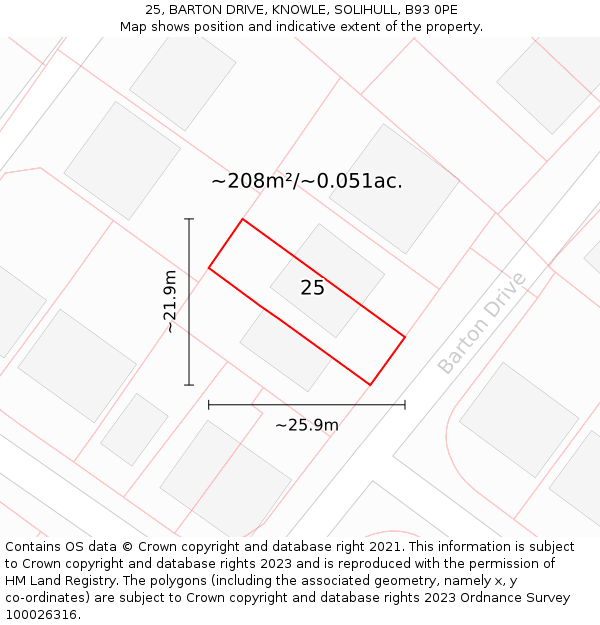 25, BARTON DRIVE, KNOWLE, SOLIHULL, B93 0PE: Plot and title map
