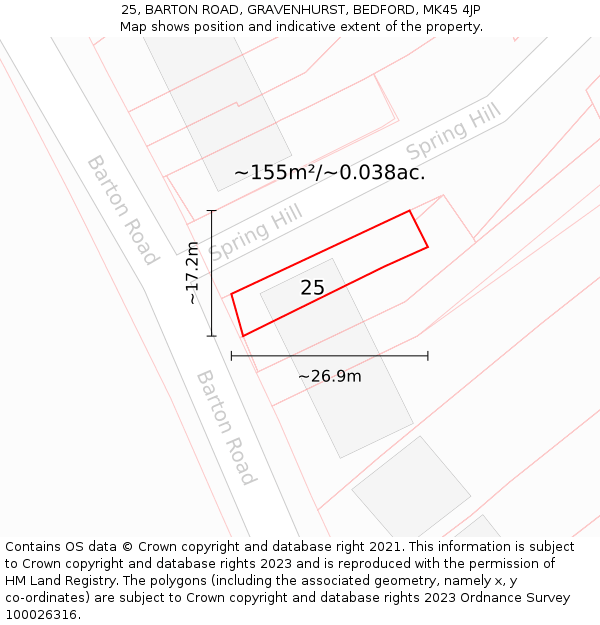 25, BARTON ROAD, GRAVENHURST, BEDFORD, MK45 4JP: Plot and title map
