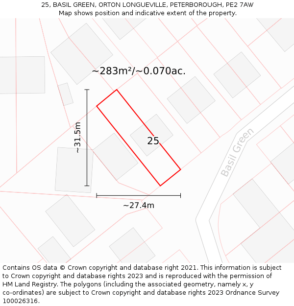 25, BASIL GREEN, ORTON LONGUEVILLE, PETERBOROUGH, PE2 7AW: Plot and title map