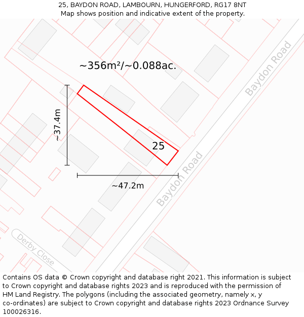 25, BAYDON ROAD, LAMBOURN, HUNGERFORD, RG17 8NT: Plot and title map