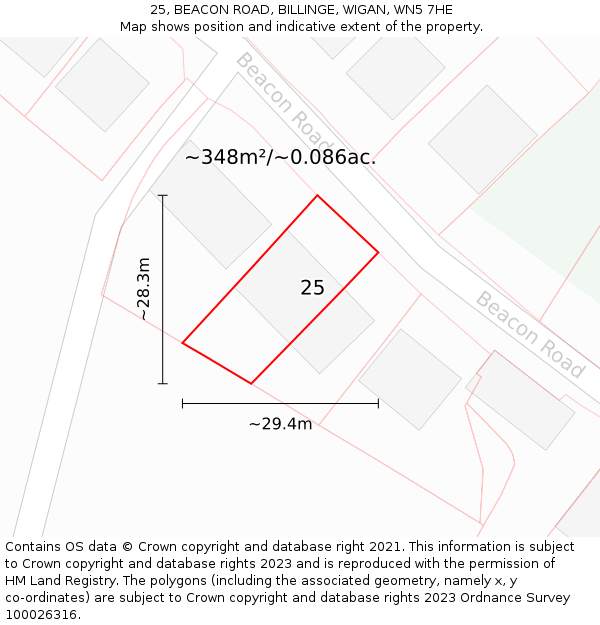 25, BEACON ROAD, BILLINGE, WIGAN, WN5 7HE: Plot and title map