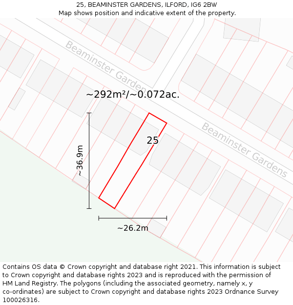 25, BEAMINSTER GARDENS, ILFORD, IG6 2BW: Plot and title map