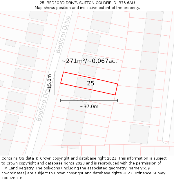25, BEDFORD DRIVE, SUTTON COLDFIELD, B75 6AU: Plot and title map