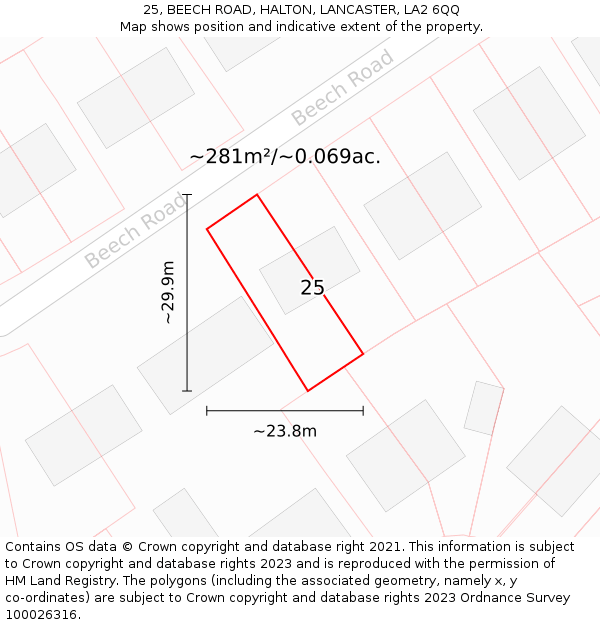 25, BEECH ROAD, HALTON, LANCASTER, LA2 6QQ: Plot and title map