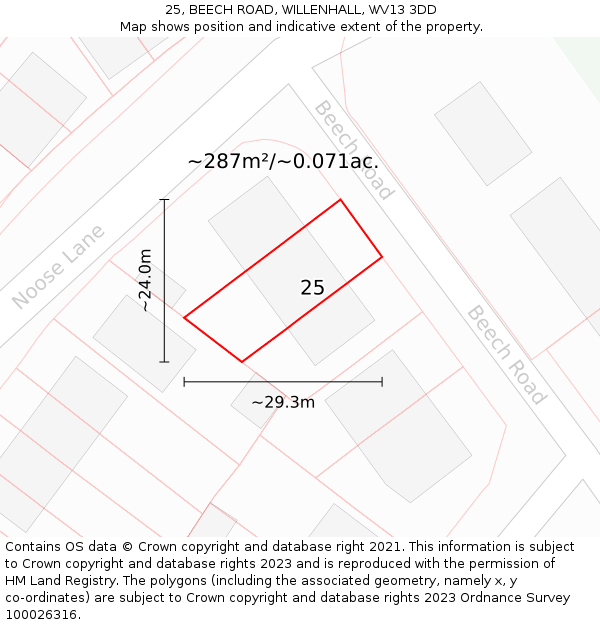 25, BEECH ROAD, WILLENHALL, WV13 3DD: Plot and title map
