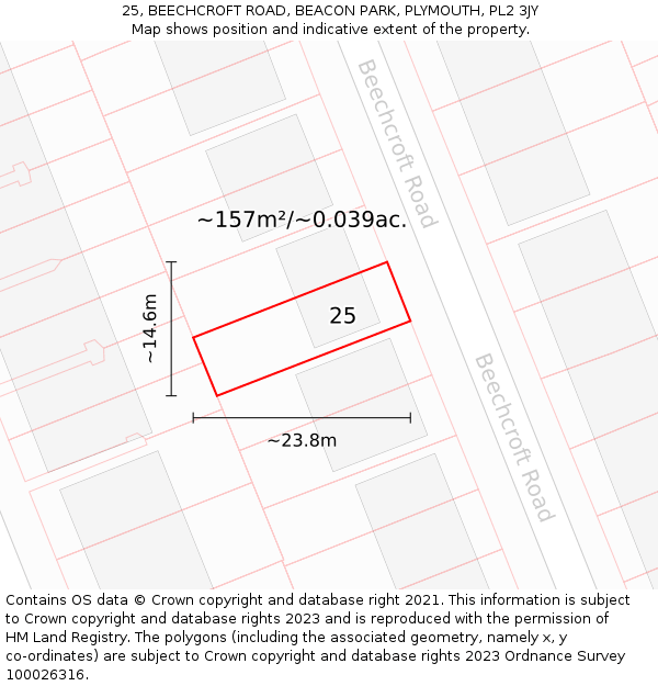 25, BEECHCROFT ROAD, BEACON PARK, PLYMOUTH, PL2 3JY: Plot and title map