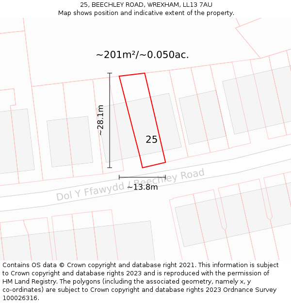 25, BEECHLEY ROAD, WREXHAM, LL13 7AU: Plot and title map