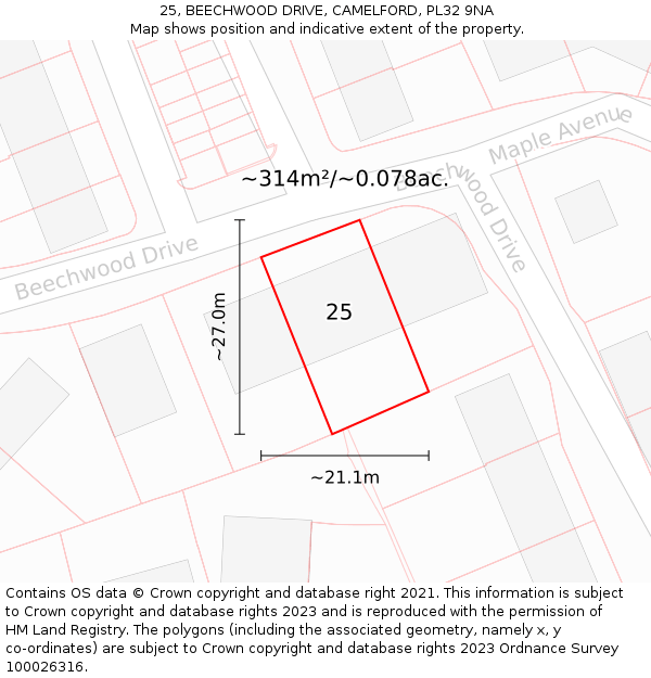25, BEECHWOOD DRIVE, CAMELFORD, PL32 9NA: Plot and title map