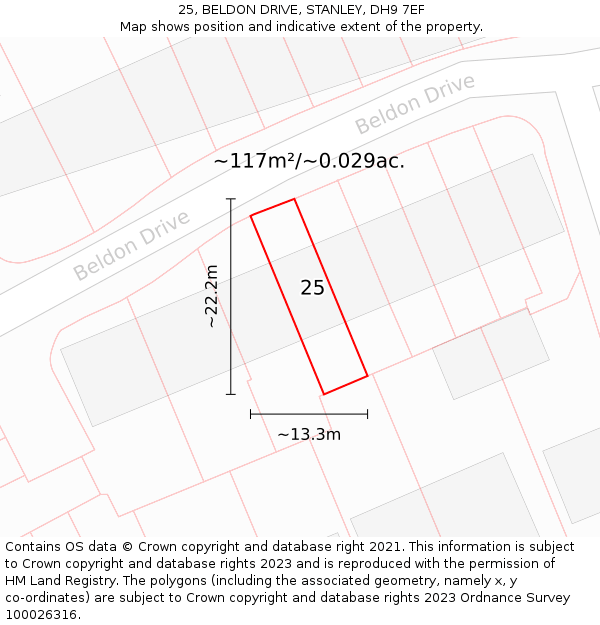 25, BELDON DRIVE, STANLEY, DH9 7EF: Plot and title map
