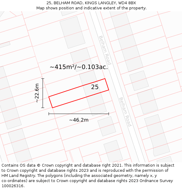 25, BELHAM ROAD, KINGS LANGLEY, WD4 8BX: Plot and title map