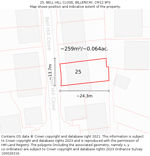 25, BELL HILL CLOSE, BILLERICAY, CM12 9FS: Plot and title map