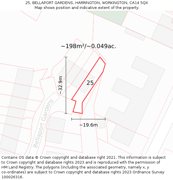 25, BELLAPORT GARDENS, HARRINGTON, WORKINGTON, CA14 5QX: Plot and title map