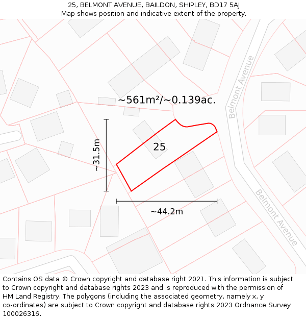25, BELMONT AVENUE, BAILDON, SHIPLEY, BD17 5AJ: Plot and title map