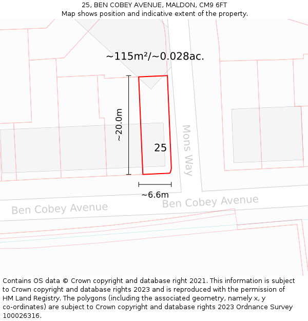 25, BEN COBEY AVENUE, MALDON, CM9 6FT: Plot and title map